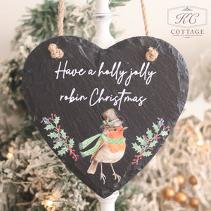 Christmas Robin Slate Hanging Heart