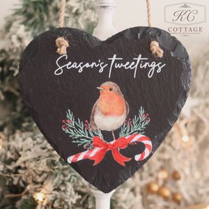 Christmas Robin Slate Hanging Heart