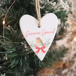 Christmas Robin Ceramic Family Sentiment Hanging Heart