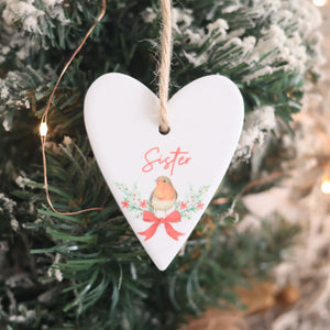Christmas Robin Ceramic Family Sentiment Hanging Heart
