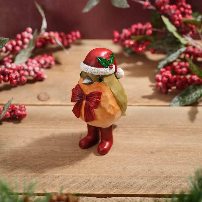 Christmas Robin Ornament With Bow And Hat