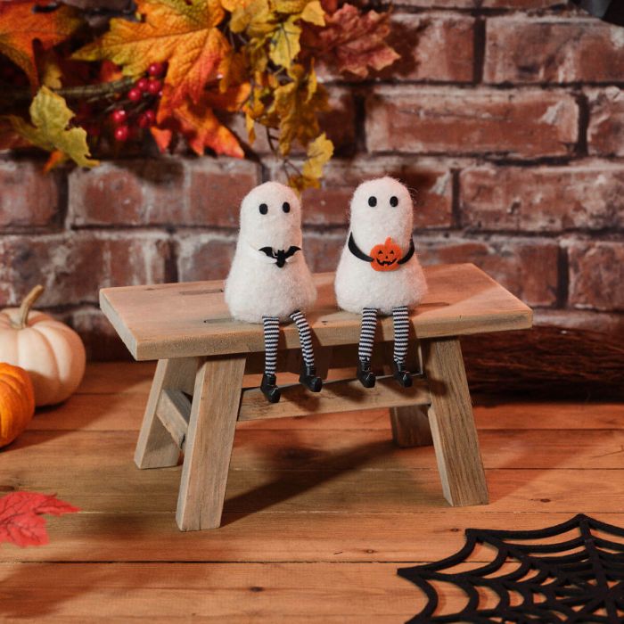 Spooktacular Ghost Shelf Sitters Holding Bat And Pumpkin