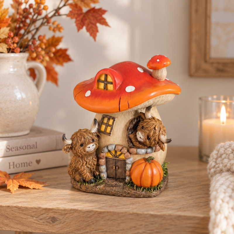 Autumn Resin Mushroom With Highland Cows Ornament