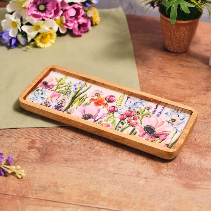 Floral Rectangle Mango Wood Enamelled Tray