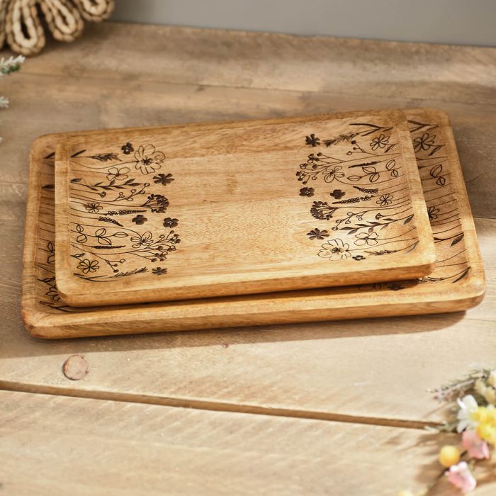 Mango Wooden Floral Etched Rectangle Trays