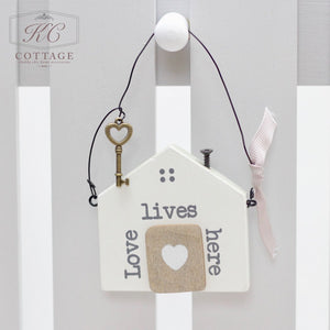 Wooden Hanging House Shaped Signs Love Lives Here