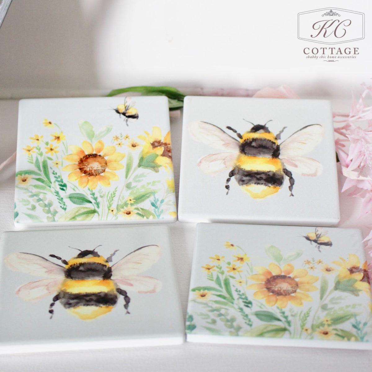 Bee and Sunflower Ceramic Coaster Set