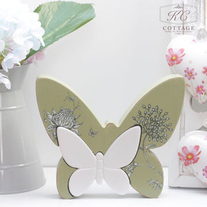 Standing Wooden Floral Butterfly Green with White insert