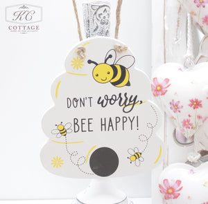 wooden hanging bee hive sign dont worry bee happy